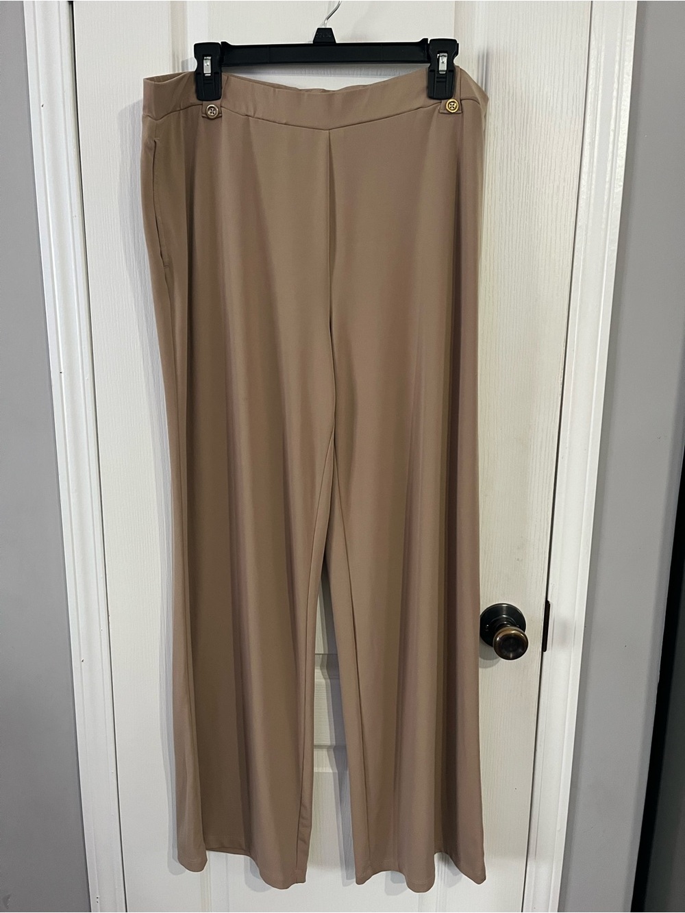 Susan Graver Taupe Wide-Leg Pull-On Pants with Button Trim